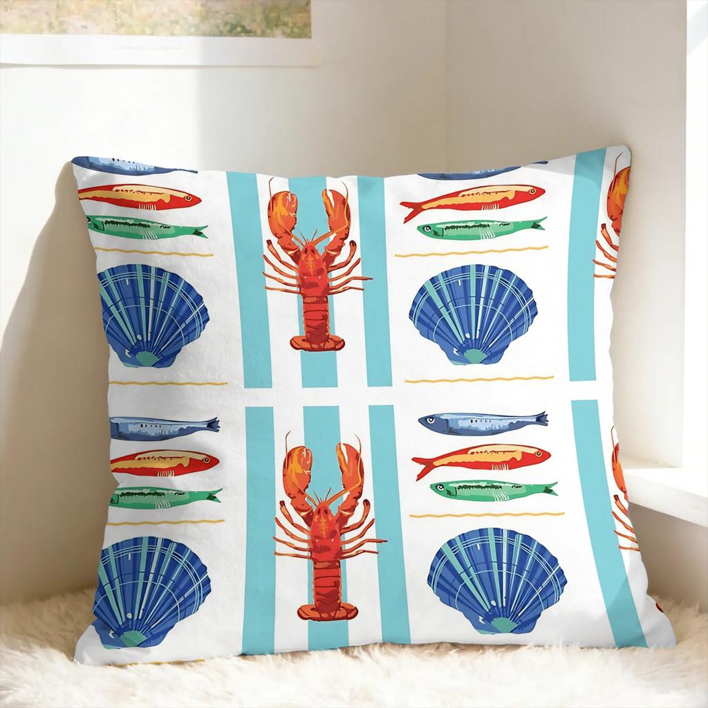 Flat Coastal Seafood Themed Pillow Cover Custom Cushion Cover Retro Trendy Pillow Case For Sofa Home Decor