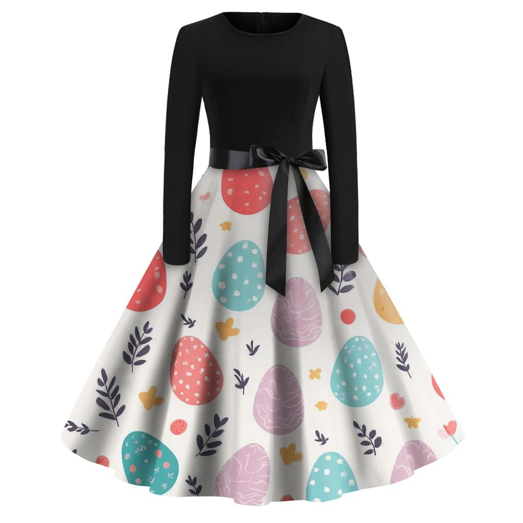 Women's Fashion Round Neck Casual Slim-fit Easter Printed Large Swing Long Sleeve Dress
