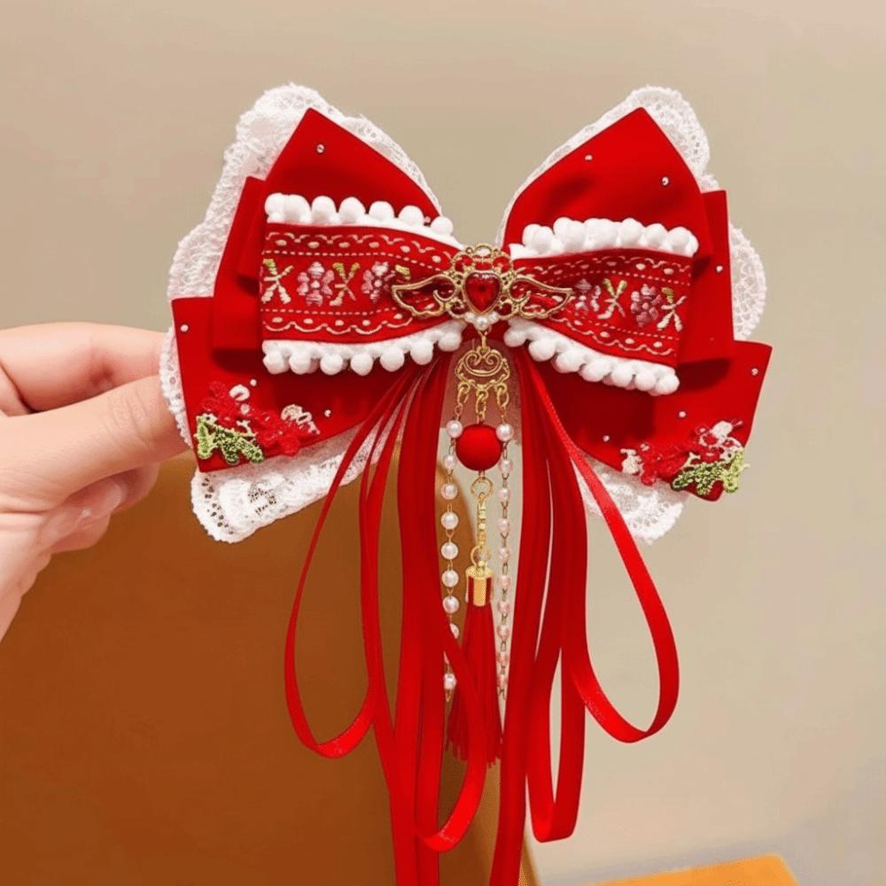 Flower Bow Ribbon Hair Clip Red Hanfu Hair Ornamen Chinese Style New Year Hairpin  Festival