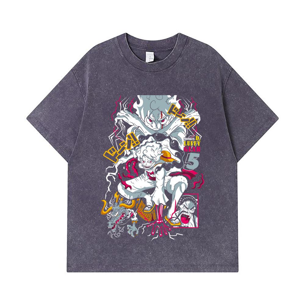 275 GSM Washed T-shirts 100% Cotton One Piece V23 Luffy Gear Print Unisex Heavy Cotton T Shirt