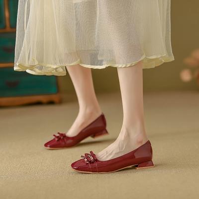 Single Shoes Women's New Flat-bottomed Red Mary Jane One-pedal Shallow-mouth Wedding Shoes Retro Small Leather Shoes