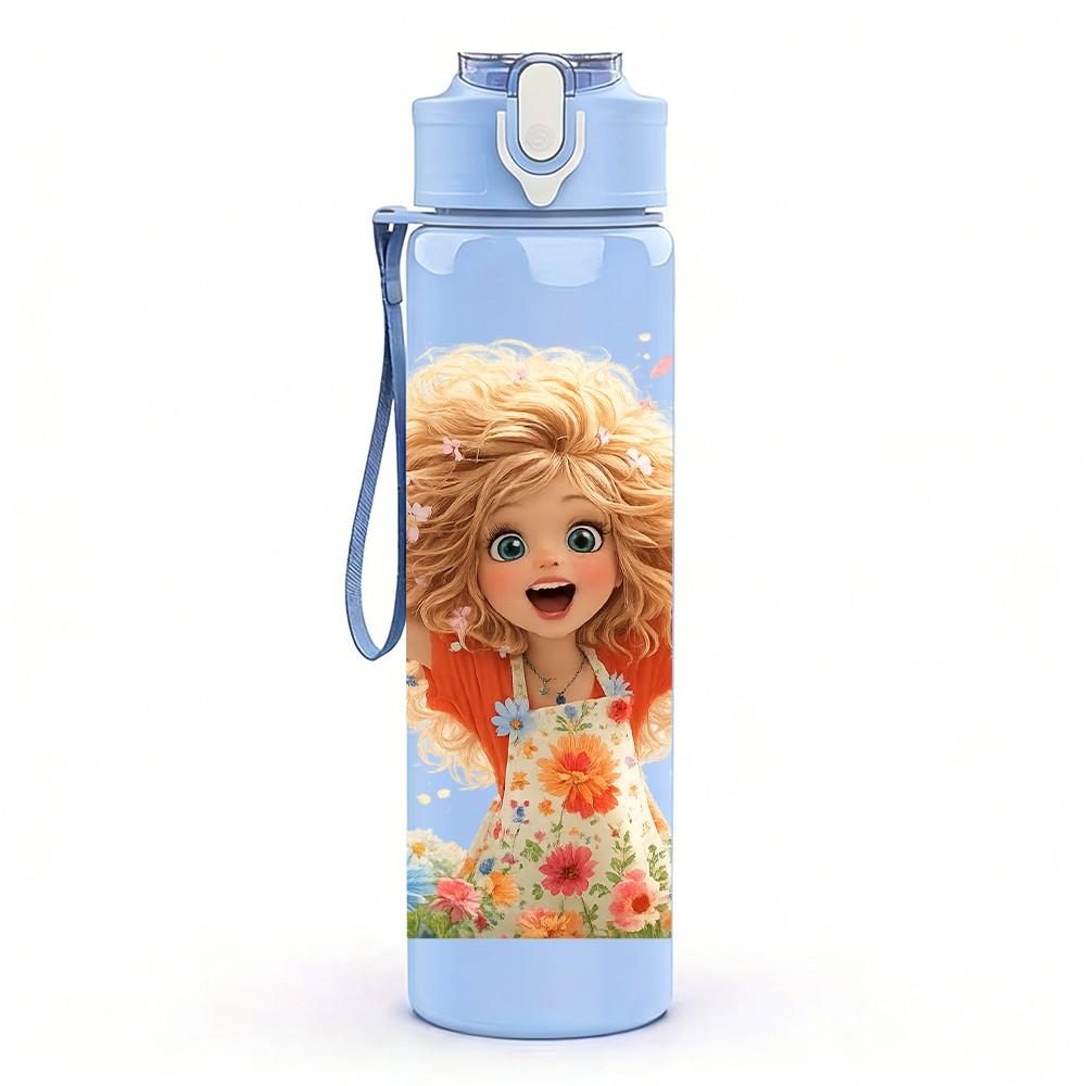 1PC Little Girl Flower Field Cartoon Print 750ml Color Plastic Sports Water Bottle Leakproof Flip Straw Lid Suitable for Sports Office Home Use