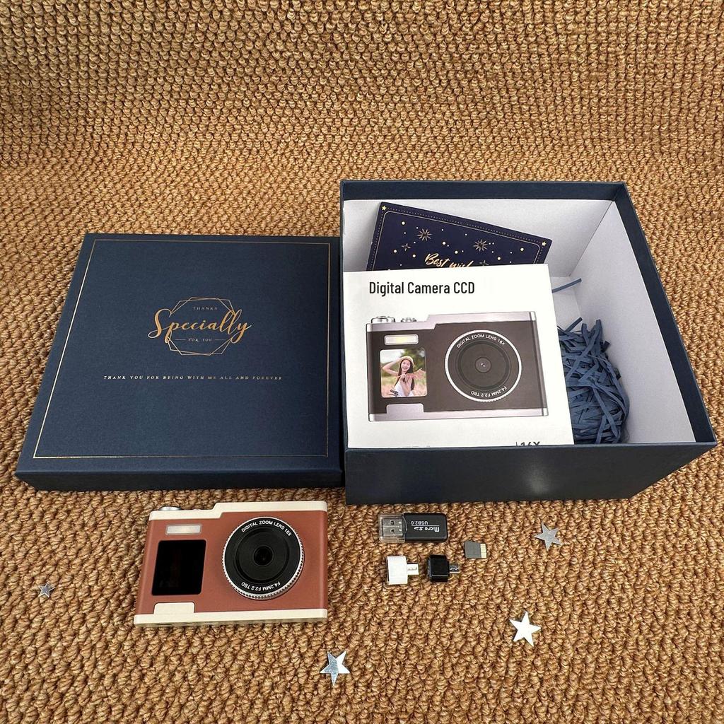 Retro HD Digital Camera with Dual Screens, 64MP CCD Sensor, 16x Optical Zoom, and Beauty Mode.