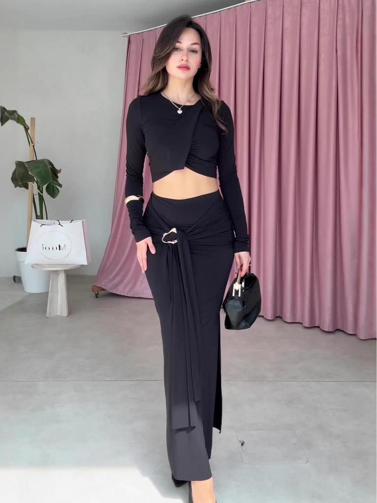 2025 Autumn Women's Round Neck Long Sleeve Top and Sexy Long Dress Set
