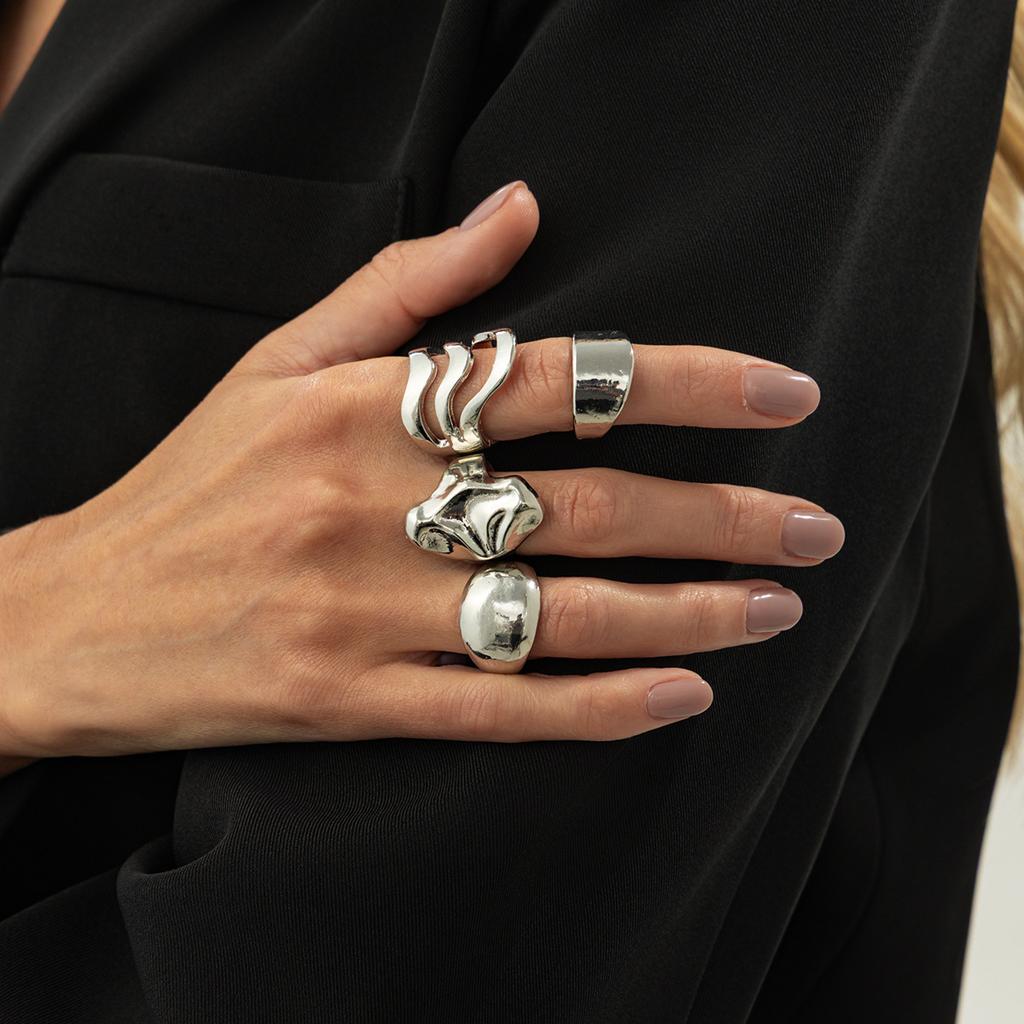 Liquid Metal Folded Wide Ring, Stylish Geometric Wave Glossy Open Ring Set