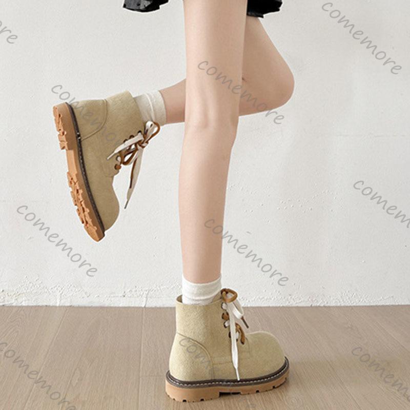 Fashion Comemore Retro Flache Stiefel für Damen Wildleder Schnürung Mode 2025 Herbstschuhe Goth Uni Chelsea Runde Zehe Damen Stiefeletten