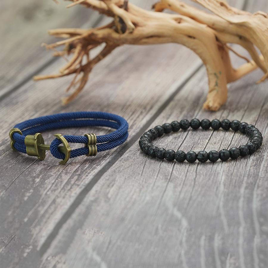 2Pcs Retro Anchor Bracelet For Men 6mm Natural Lava Stone Braslet Set Pulseria Hombre Nautical Wrap Rope Braclet Leisure Jewelry