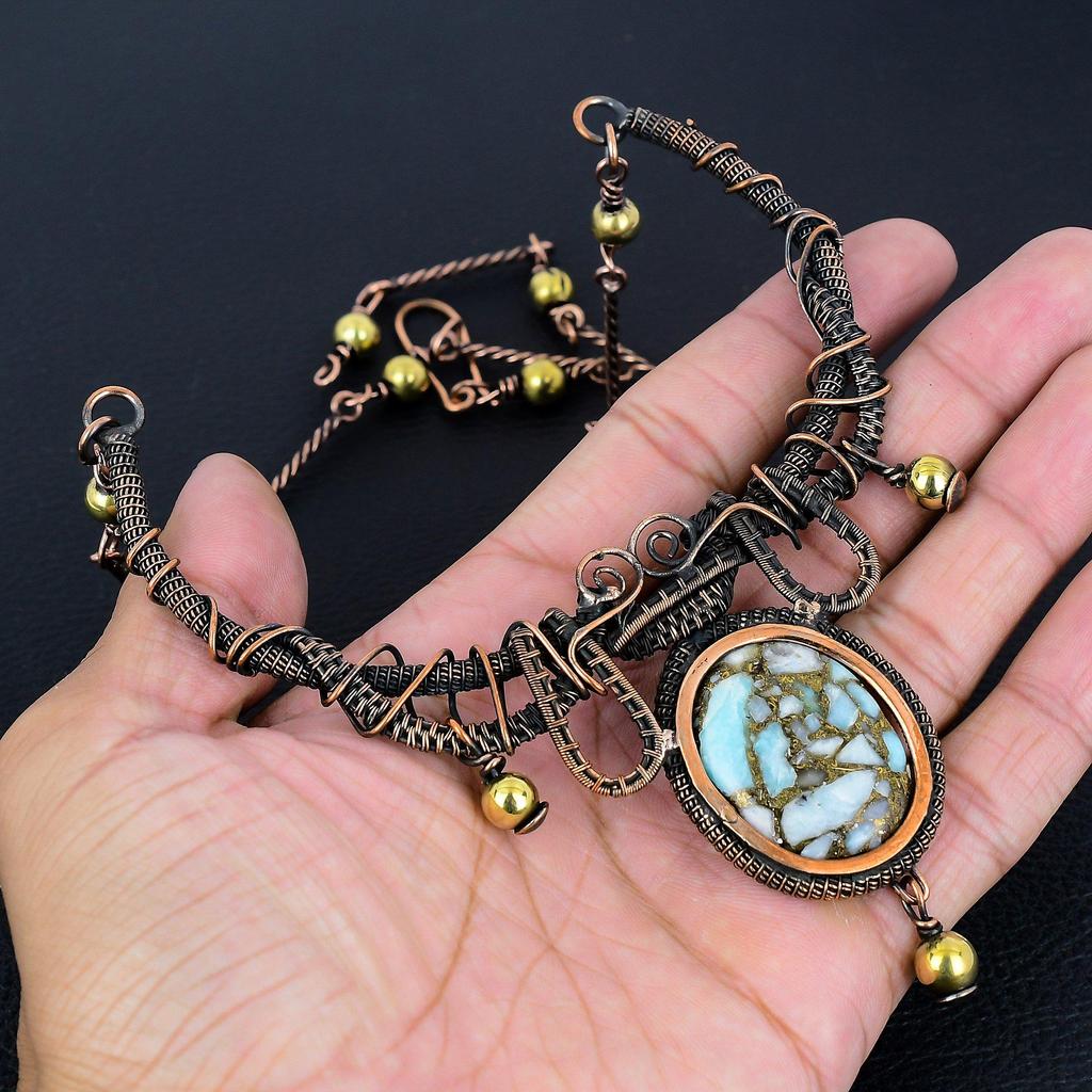Copper Larimar Gemstone Necklace, 999 Copper Wire Wrapped Handmade Designer Necklace Jewelry, Adjustable Chain Necklace Gift For Women