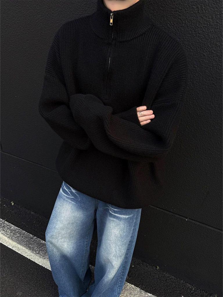 Zipper Korean Style Men's High Neck Pullover Sweater - Autumn/Winter Trendy Knitwear with Soft Texture.