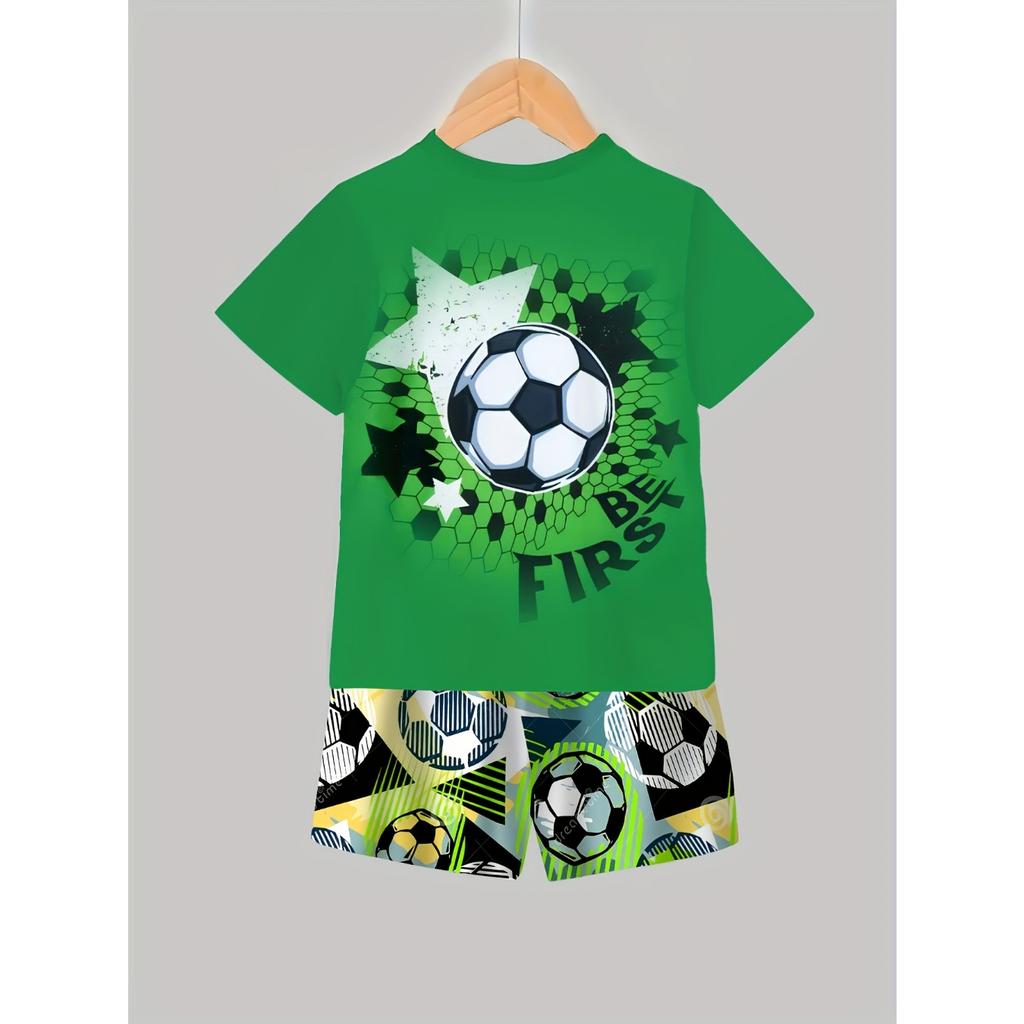 Boys' 3D Printed Soccer  Graphic T-Shirt  Shorts Set - Green  Casual Summer Outfit