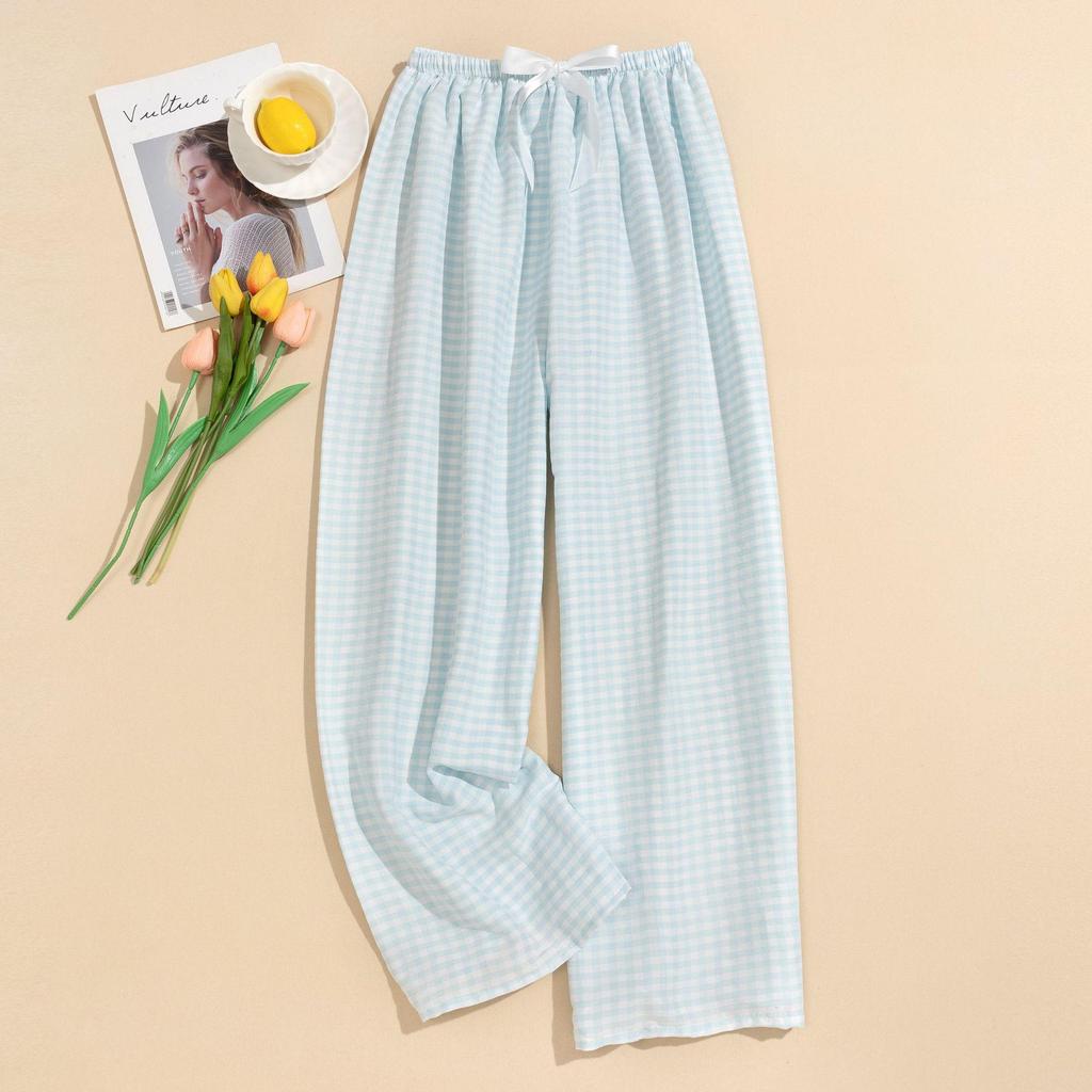 Women's Summer Plaid Wide-Leg Cotton Pajama Pants - Yarn-Dyed, Plus Size, Suitable for Outdoor Wear