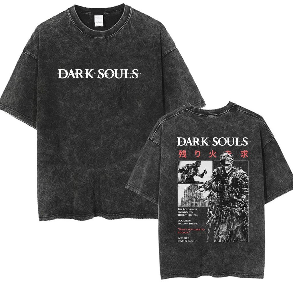 Vintage Washed Dark Souls 3 Hot Game Graphic T Shirt Mens Women Classic Player Fashion Cotton Short Sleeve Tshirts Streetwear