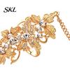 Girls Open Ring Rhinestone Flower Link Chain Ring, Bling Floral Leaf Full Finger Adjustable with Chain, Statement Hand Jewelry for Women Golden Plated