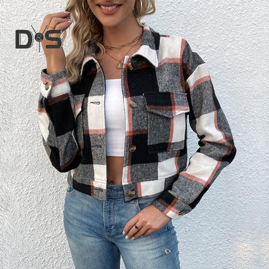 Fall Winter Women Jacket Color Matching Plaid Print Long Sleeve Lapel Single breasted Pockets Thick Cardigan Vintage Lady Coat