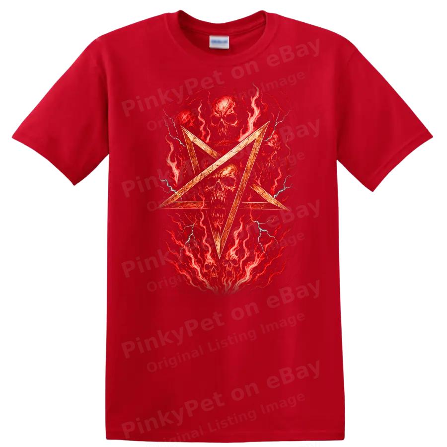 Skull Pentagram Fire T Shirt Heavy Metal Retro Rock Tee Graphic Design Art