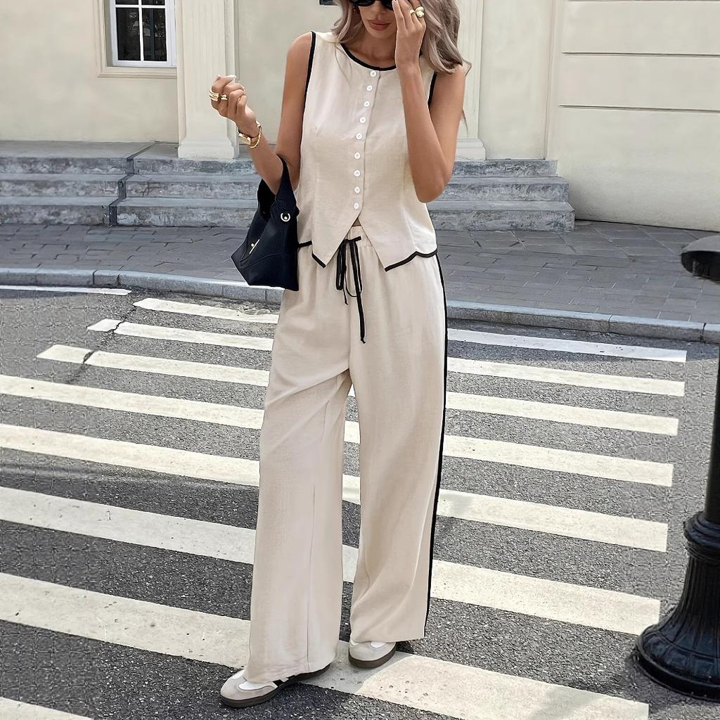 Women Daily Wear Sleeveless Top & Drawstring Wide Leg Pants Suit