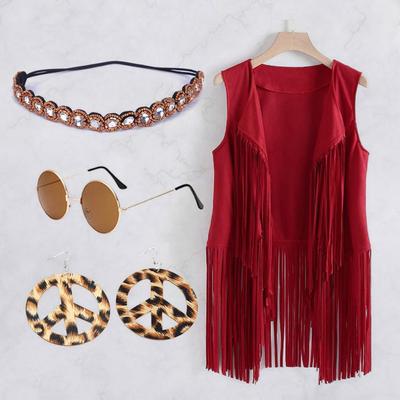 5 Teile/Set Damenweste mit Stirnband Sonnenbrille Halskette Und Ohrringe Quasten Strickjacke Weste Retro 60er 70er Tanzparty Disco Co