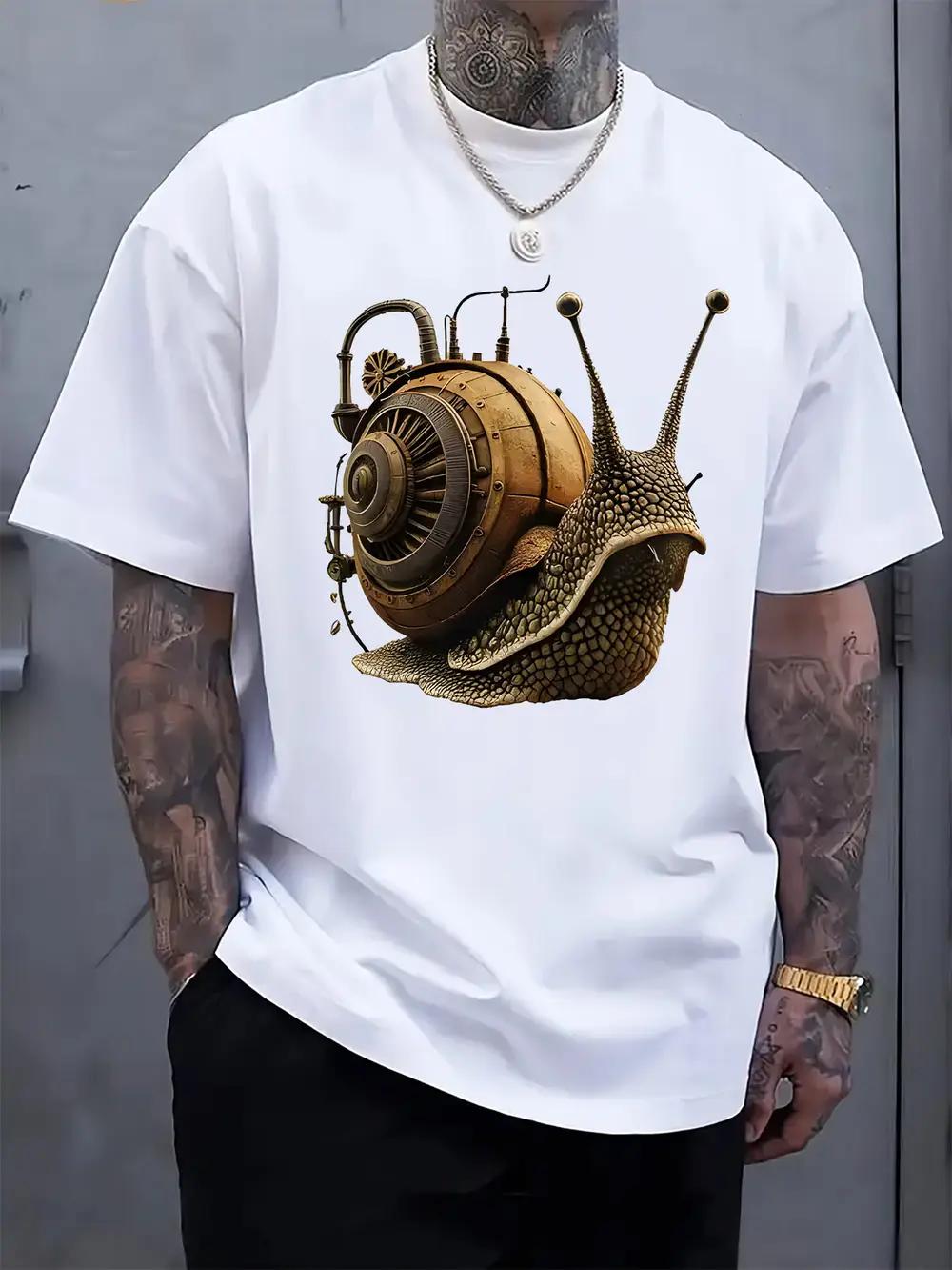 Steampunk Snail Graphic T-shirt - Light Grey Regular Fit Casual Short Sleeve Tee with Gears & Pipes Design L