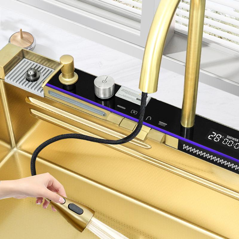 Golden Stainless Steel Kitchen Sink Double Waterfall Digital Display Sink Embossed Large Single Slot Multi-functional Wash Basin