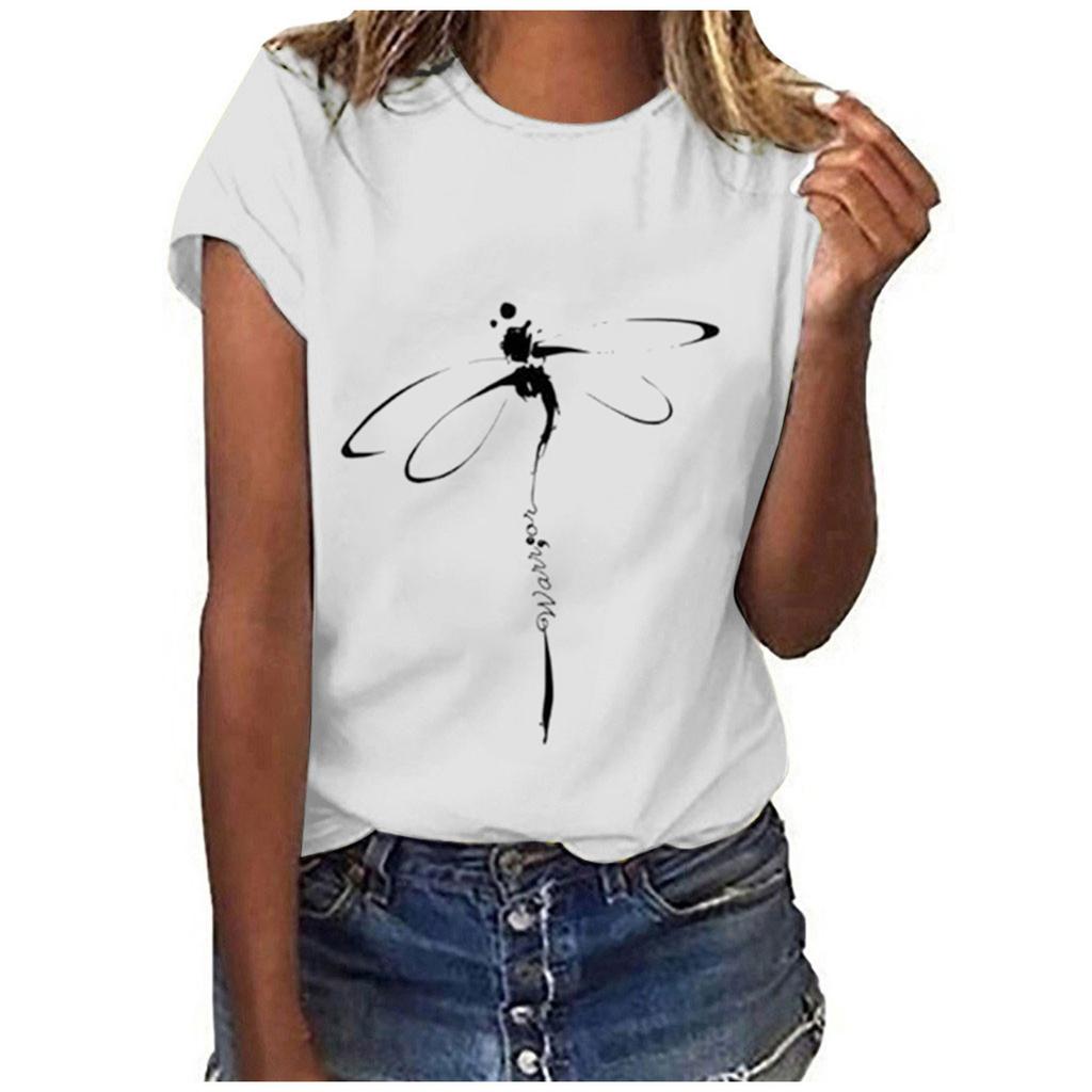 Tops Dragonfly Printed Original Collar Casual Base Shirt Short-sleeved Women's T-shirt Oversized T Shirt Clothes Tees