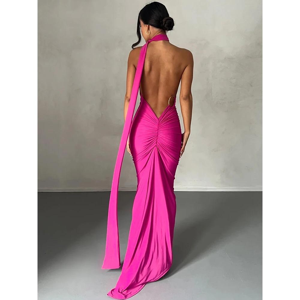 Dámské elegantní šály s volným zadkem a nastavitelným šátkem na jedno rameno, sexy, s nabíranými rukávy, maxi šaty, streetwear, festivalový outfit Y2K