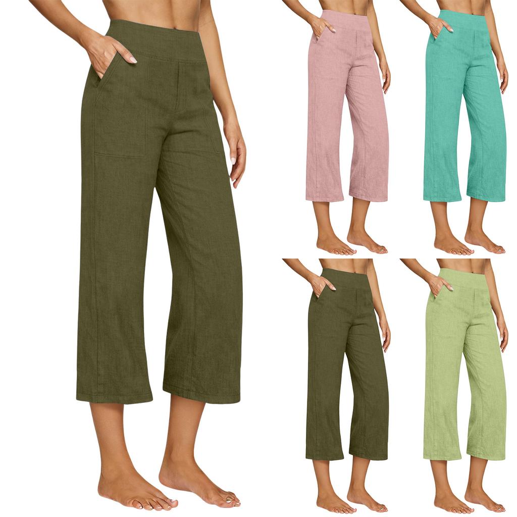 Women's Fashionable Loose-Fit Pocket Cotton-Linen Blend High-Waisted Wide-Leg Pants Casual Cropped Trousers