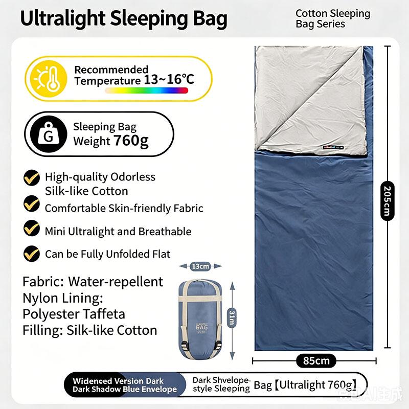 Ultralight Outdoor Camping Compact Adult Sleeping Bag Travel Washable Down Cotton Insulation Dirt-Resistant Portable Waterproof