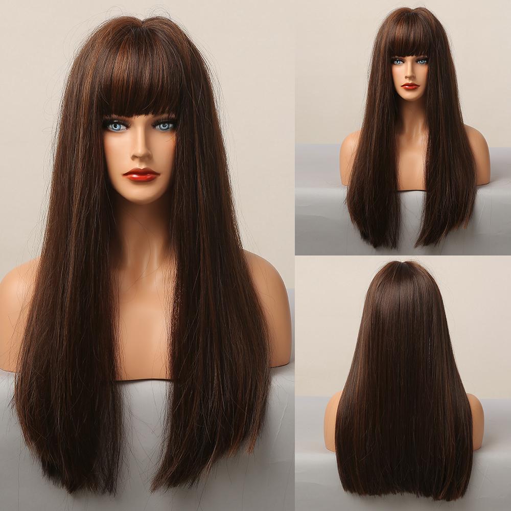 LOUIS FERRE Synthetic Long White Wigs with Bangs Cosplay Straight Wigs with Brown Highlight Natural Fake Hair for Black Women