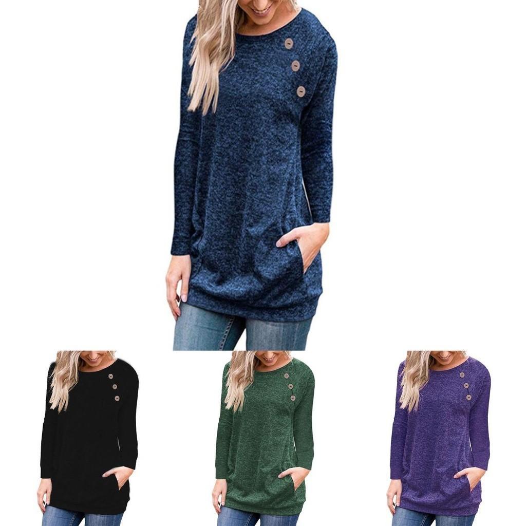 Stylish Women's Pullover Long Sleeve Solid Button Sweatshirt Top For Casual Wear