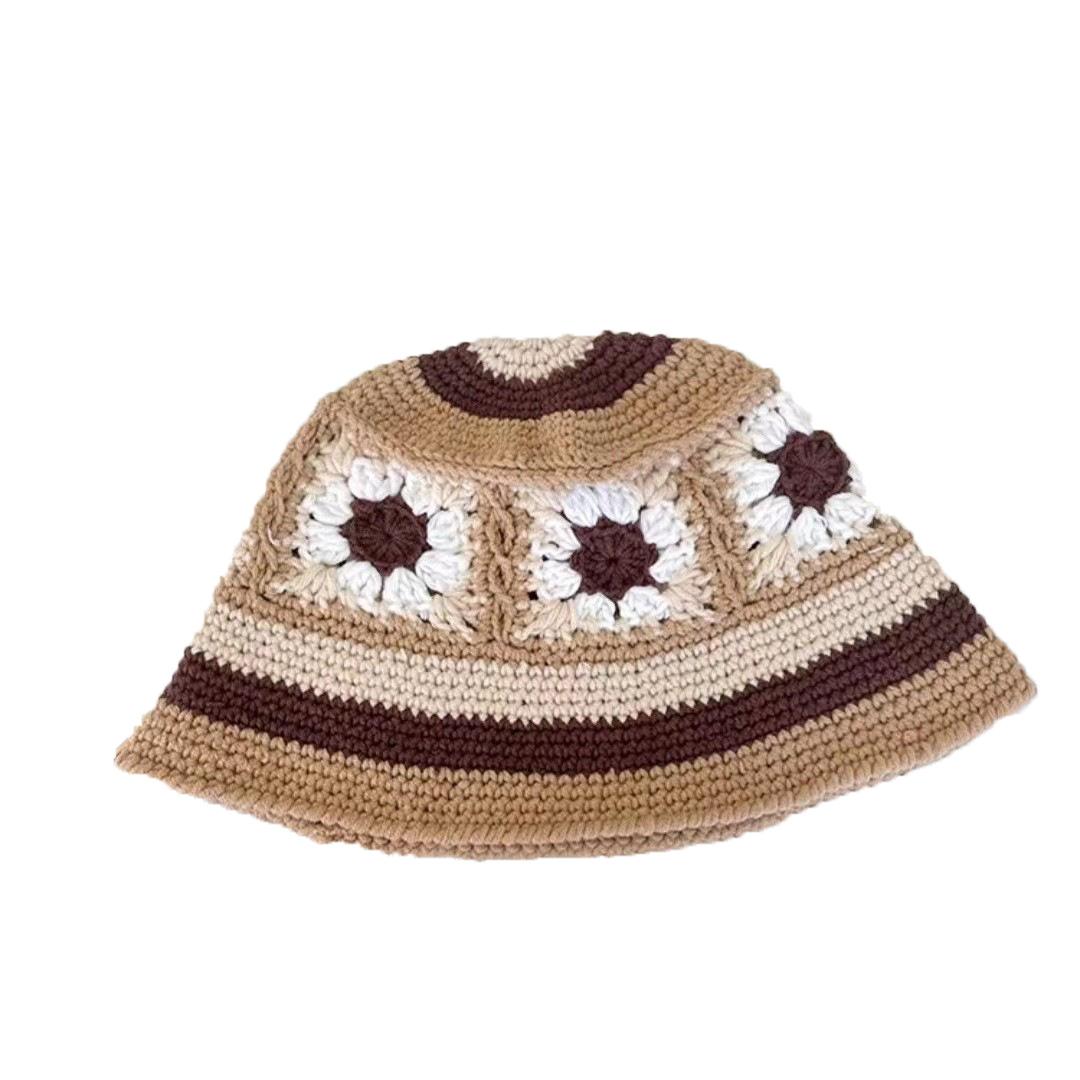 

Spring and Autumn Retro Hollow Flowers Handmade Knitted Basin Hat Female Sweet Versatile Wool Hat Shows Small Trend хакі