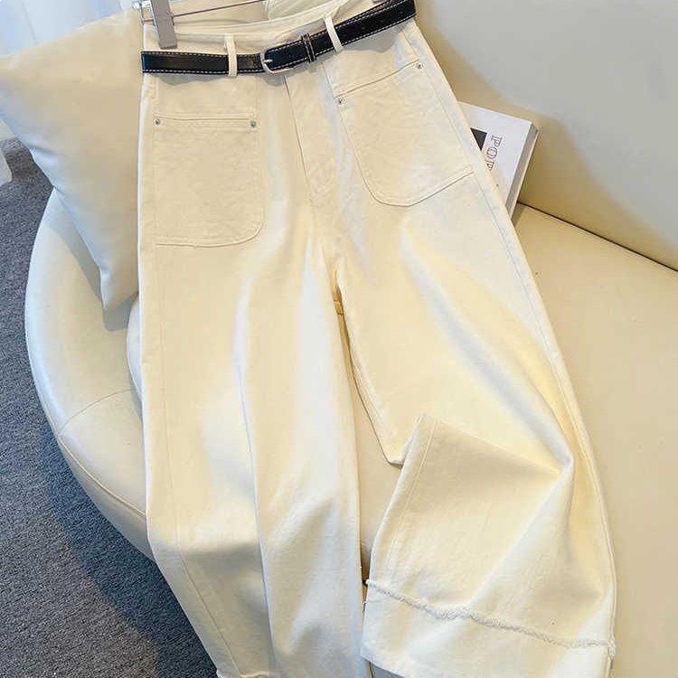 Women's White High-Waisted Wide-Leg Stretch Jeans with Rolled Hem - 2026 Spring Collection