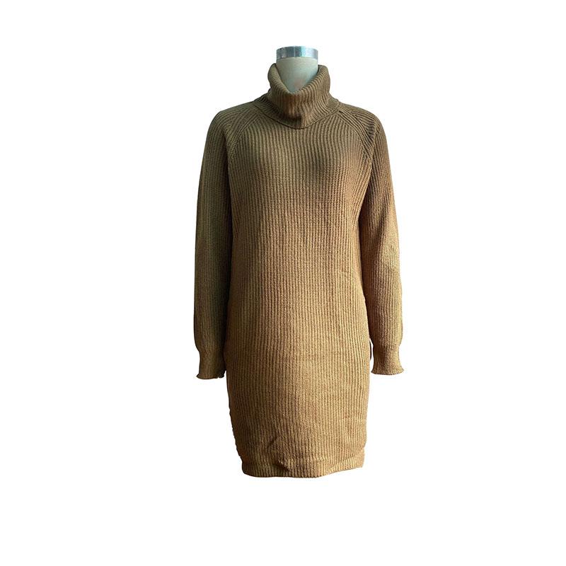 Autumn Winter Chic Solid Knitted Sweater Dress Full Sleeve High Collar Thick A-line Long Pullover