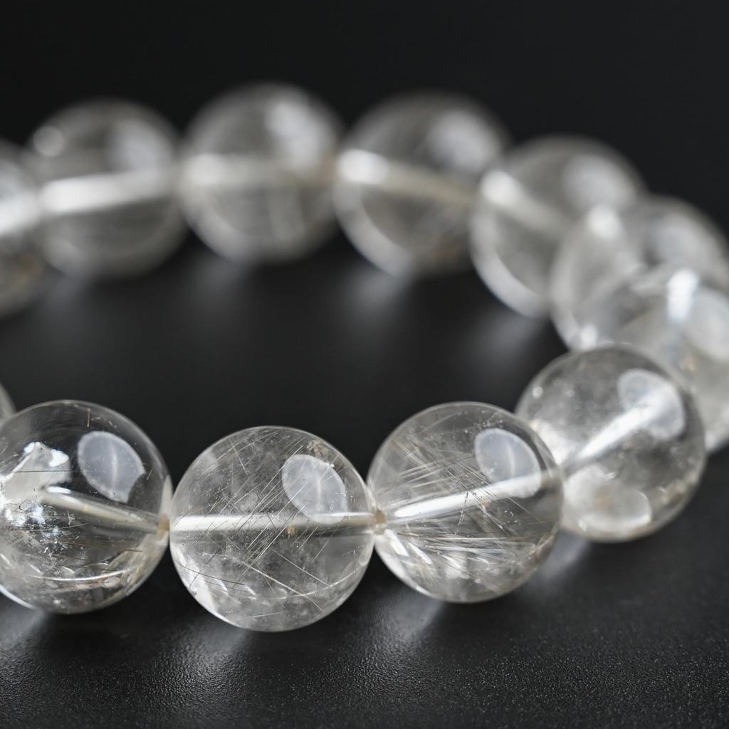 Eigado Silver Rutilated Quartz 16mm 18cm Wrist Limited Natural Power Prayer Good Luck Feng Shui Bracelet, Stone, Circumference, One-of-a-Kind,