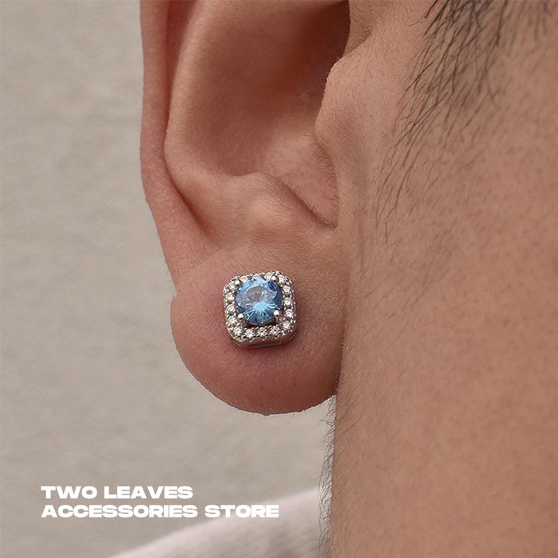 S925 Silver Square Blue Zircon Stud Earrings - Trendy Hip Hop Jewelry for Men & Women