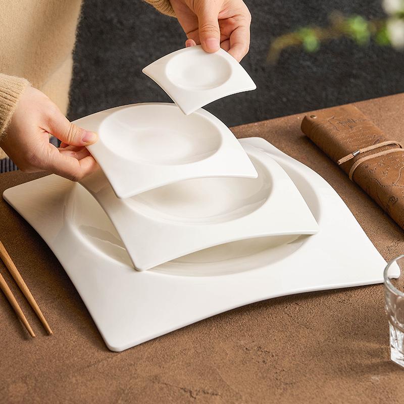 Solid Color Square Ceramic Plate, Thick Soup Plate, High-end Restaurant Atmosphere Dishes, Dessert Plate, Tableware, Kitchen