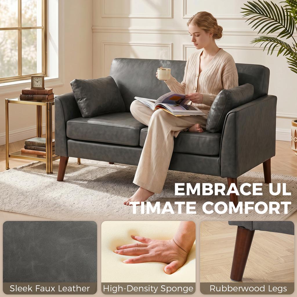 2 Seater Sofa 132 Cm Modern Small Sofa With Solid Wood Legs And 2 Pillows For Small Space Grey