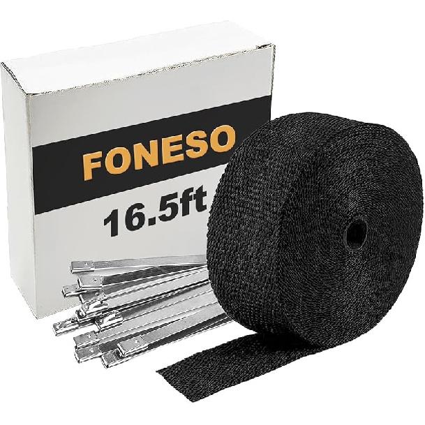 Black Exhaust Heat Wrap, Foneso 2   x 16.5  Exhaust Header Wrap Tape Fiberglass Heat Shield Tape with 10pcs Stainless Steel Ties for Motorcycle Car 16.5ft