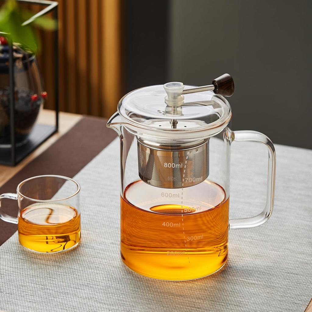 Pokaro Tea Tea Press, Heat-Resistant Glass Teapot with Measuring Cup, 800ml Capacity, Includes Lid, Graduations, Stainless Steel Filter, Handle,