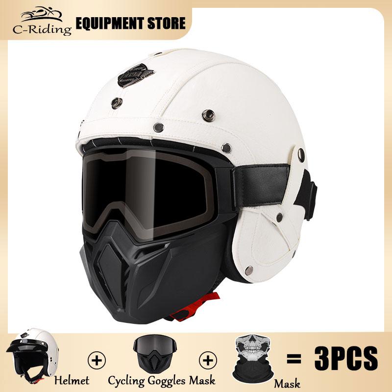 Vintage Brown Leather Helmet Summer Cruise Motorcycle Jet Helmet Men and Women Motorbike Riding Half Helmets Cascos Para Motos