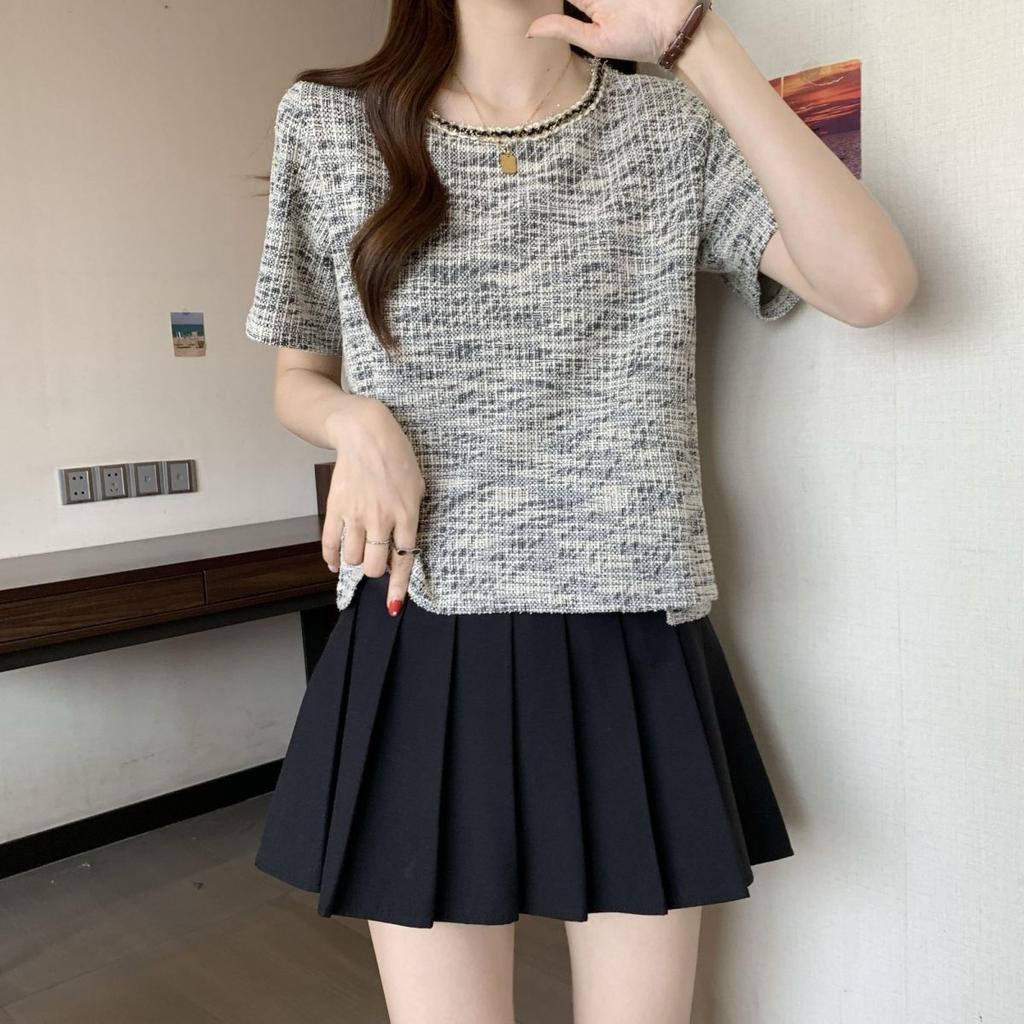 Retro Fashion Woven Plaid Top for Women's Summer Age Reduction and Stylish Versatile T-shirt