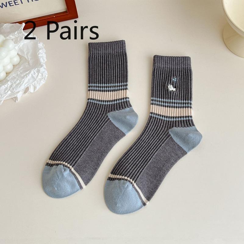 Two Pairs of Grey-colored Imitation Cashmere Striped Socks - Mid-calf Socks with Warm Stitching and Cute Lace Trim.