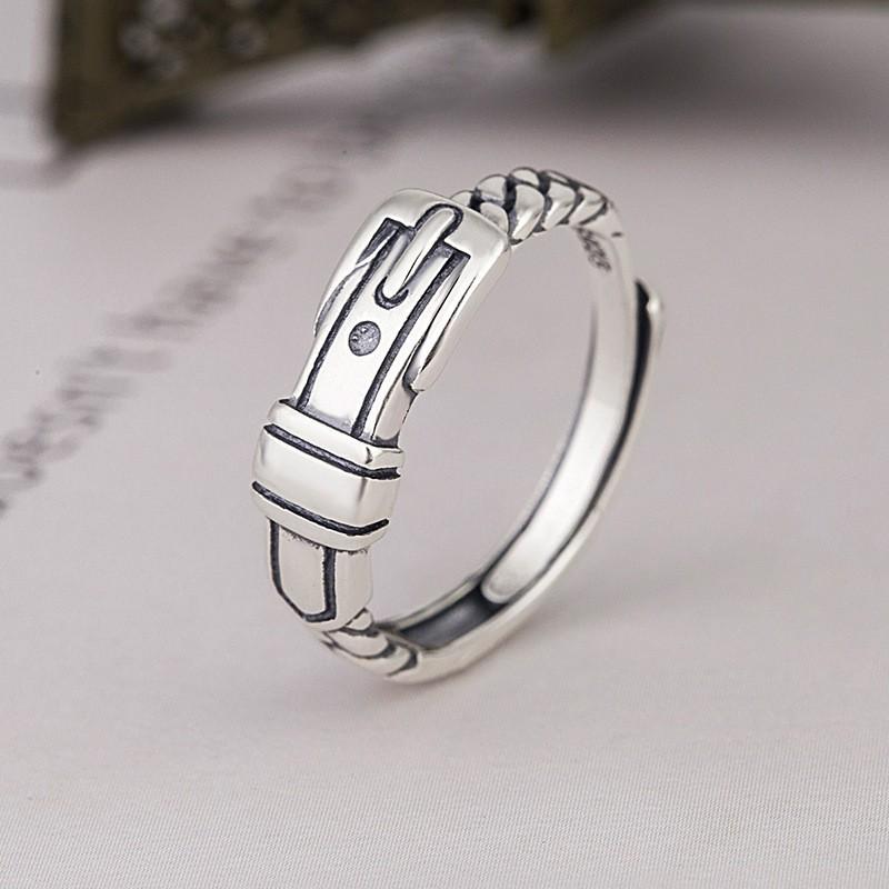Verstelbare Open Ring Met Vintage Riemgesp Bedel Ketting Detail Sterling Unisex Retro Geometrisch Vinger