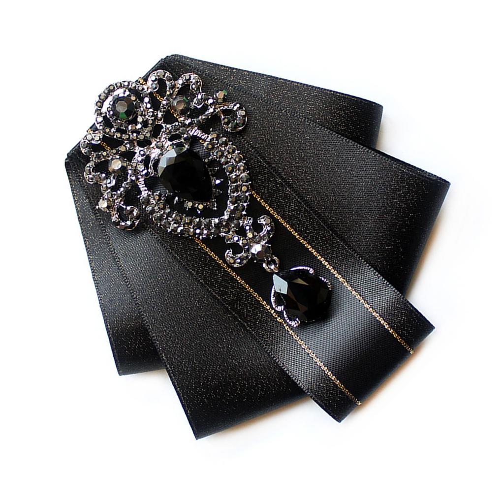 Silk Ribbon Bowtie Brooch Pin Mens Women Wedding Party Vintage Pretied Necktie Clip Crystal Bowknot Shirt Collar Tie