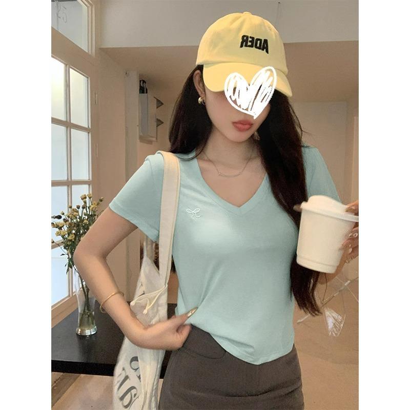 Snowflake Cotton Bow Embroidery V-neck Exposed Collarbone Cool T-shirt for Women Summer Slim Hot Girl Short-sleeved Right Shoulder Crop Top