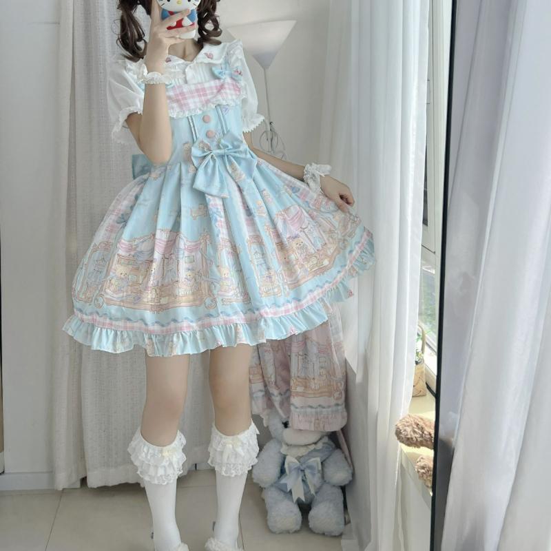 Japanese Sweet Lolita Jsk Dress Kawaii Lace Ruffles Bow Cartoon Print Slim Princess Dresses Girls Y2k Cute Tea Party Mini Dress
