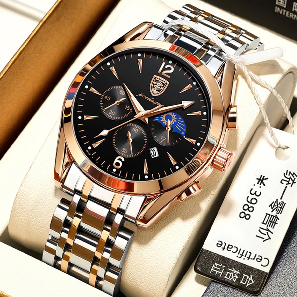 Poedagar 829 Luxury Men Watch Chronograph Quartz Stainless Steel Band Waterproof Luminous Hands Casual Business Wristwatch