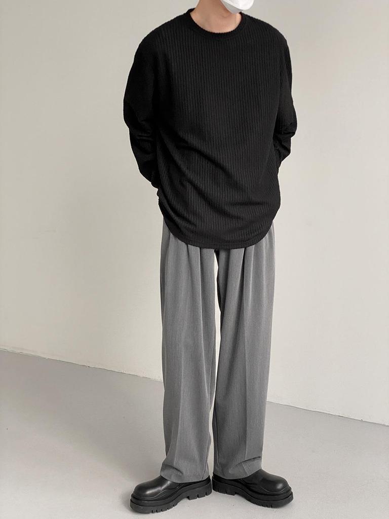 Herren Japanisches Texturiertes Gestreiftes Langarm Herbst Freizeit T-Shirt