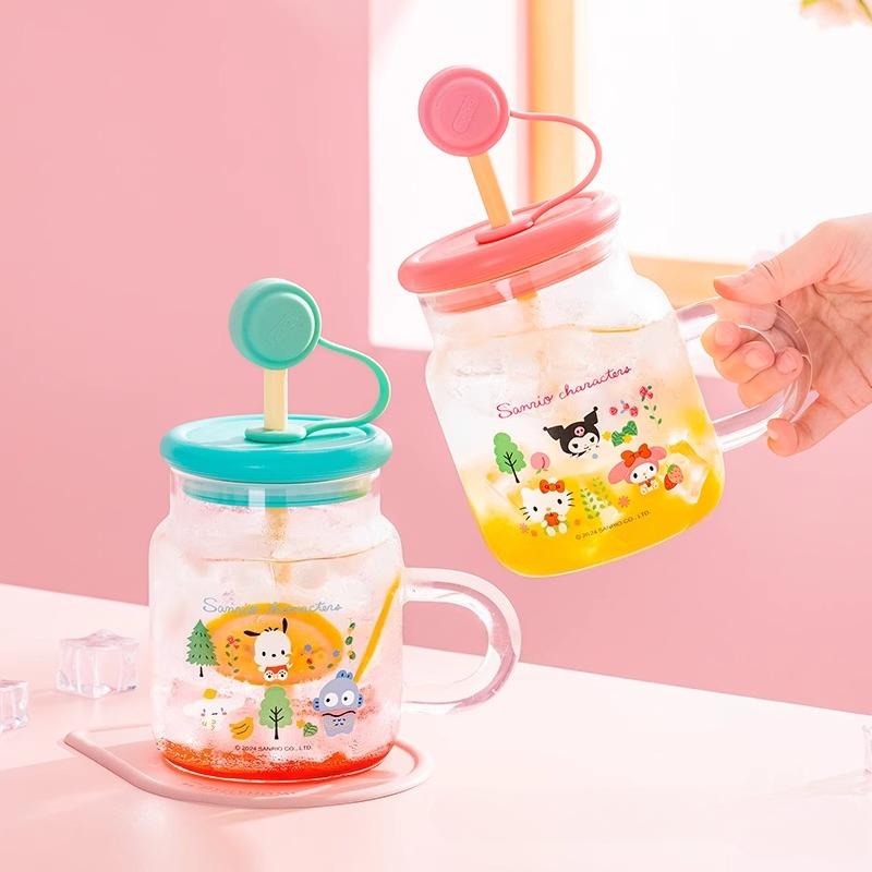 For Sanrio High Borosilicate Glass Straw Glass Cup Heat-resistant Water Mug with Handle Cartoon Pattern Cold&Hot Drink Juice Cup