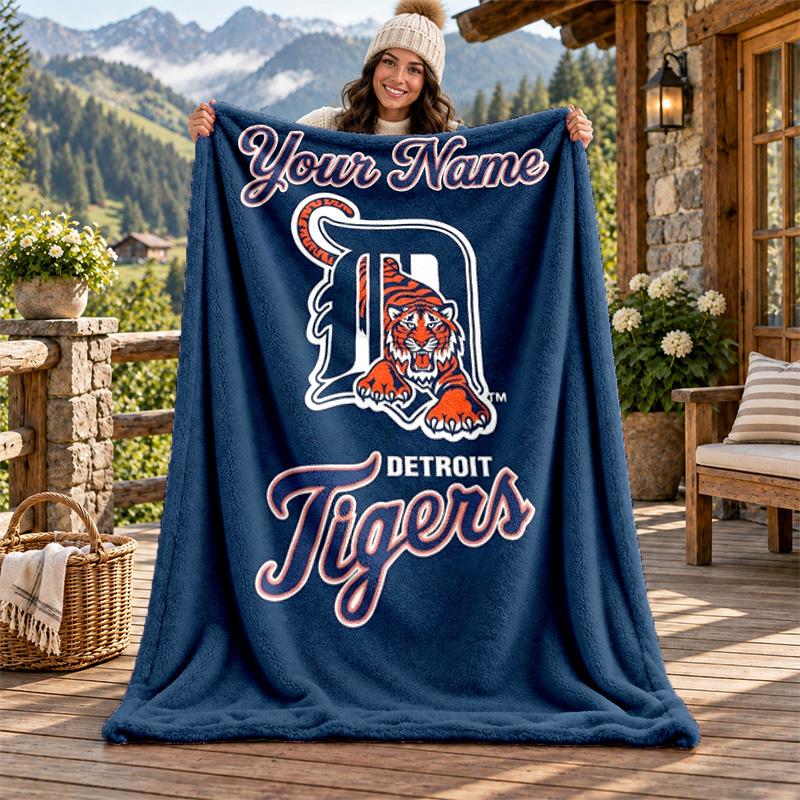 Detroit Tigers Custom Name Flannel Blanket Personalized Soft Warm Plush Throw Blanket Customized Gift for Family Friends