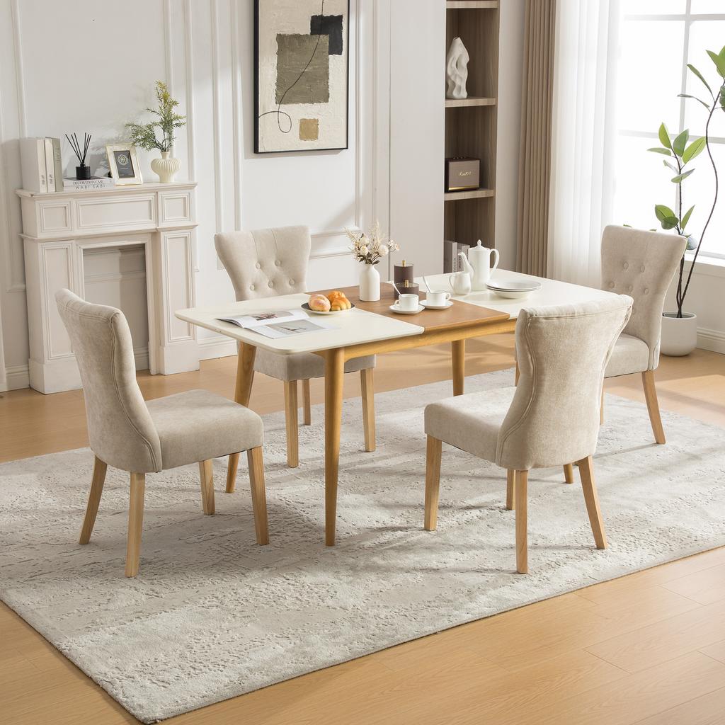 Modern upholstered dining chairs made of solid wood with chenille fabric cover, with wood legs and rivet decoration. 2 pieces per carton.-Beige